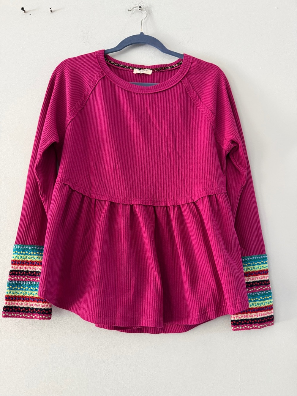 Umgee Fuchsia Long-Sleeve Peplum Top with Multicolor Stripe Cuffs